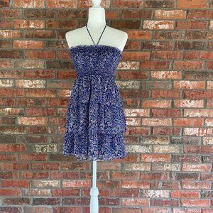 american eagle indigo floral smaocked tiered minidress S